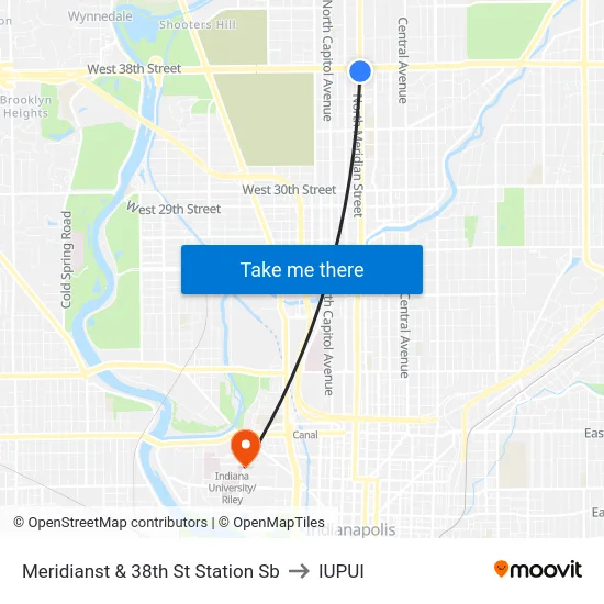 Meridianst & 38th St Station Sb to IUPUI map