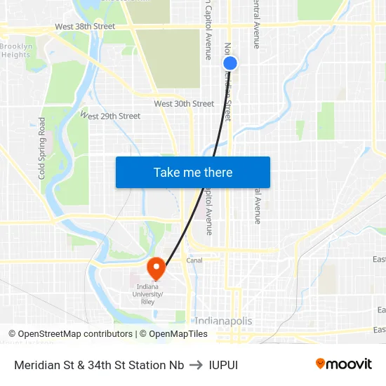 Meridian St & 34th St Station Nb to IUPUI map