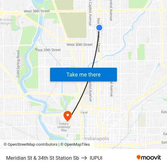 Meridian St & 34th St Station Sb to IUPUI map