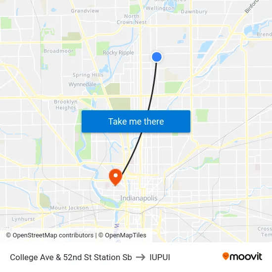 College Ave & 52nd St Station Sb to IUPUI map