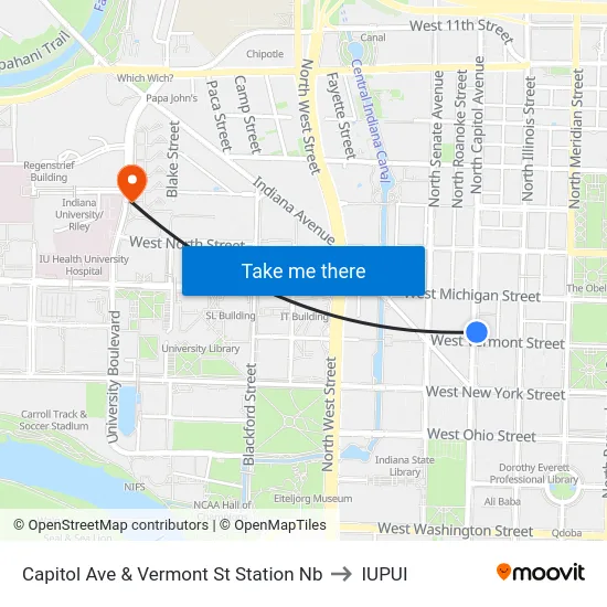Capitol Ave & Vermont St Station Nb to IUPUI map