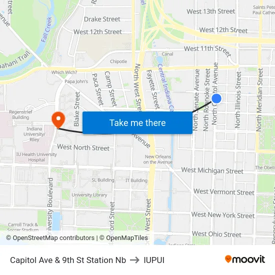 Capitol Ave & 9th St Station Nb to IUPUI map
