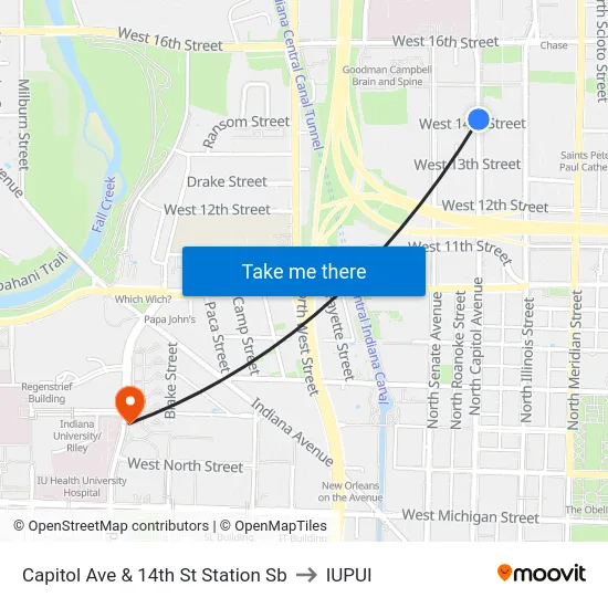Capitol Ave & 14th St Station Sb to IUPUI map
