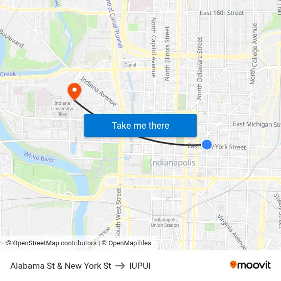 Alabama St & New York St to IUPUI map
