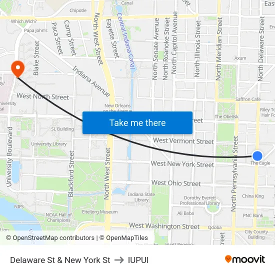 Delaware St & New York St to IUPUI map