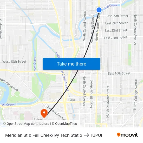 Meridian St & Fall Creek/Ivy Tech Statio to IUPUI map