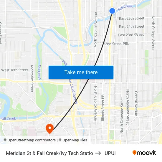 Meridian St & Fall Creek/Ivy Tech Statio to IUPUI map