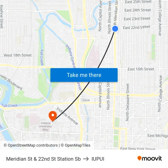 Meridian St & 22nd St Station Sb to IUPUI map