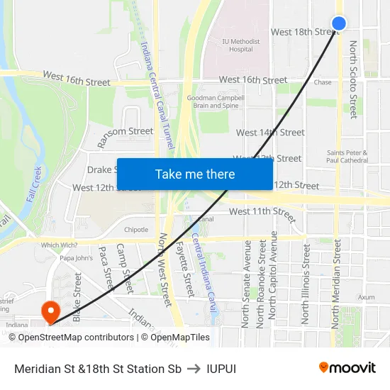 Meridian St &18th St Station Sb to IUPUI map