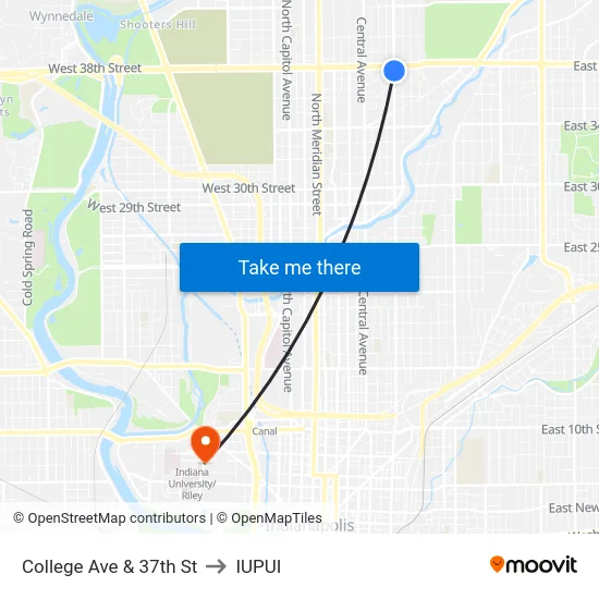 College Ave & 37th St to IUPUI map