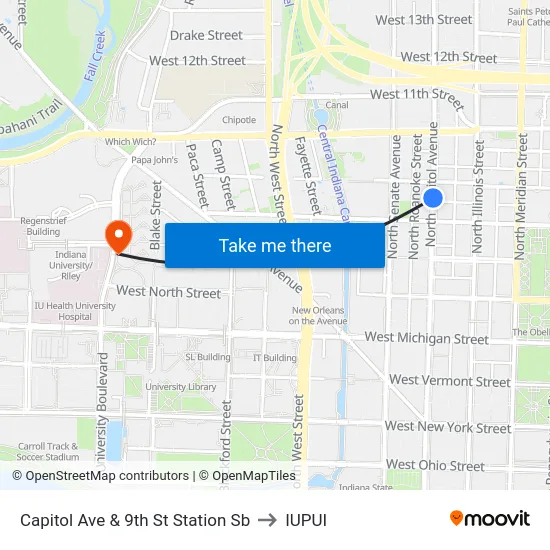 Capitol Ave & 9th St Station Sb to IUPUI map