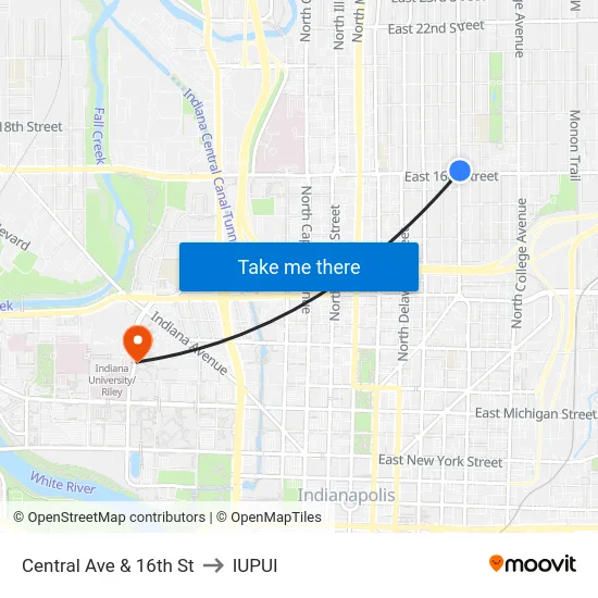 Central Ave & 16th St to IUPUI map