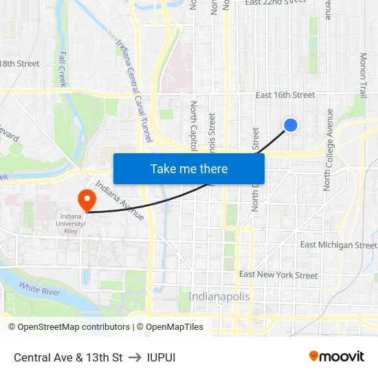Central Ave & 13th St to IUPUI map