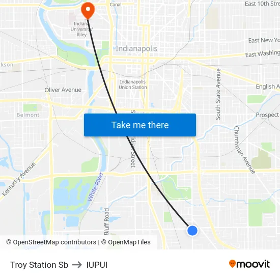 Troy Station Sb to IUPUI map