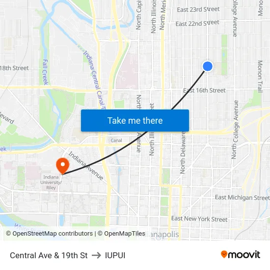 Central Ave & 19th St to IUPUI map