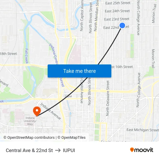 Central Ave & 22nd St to IUPUI map