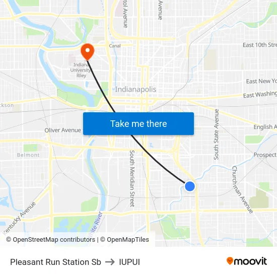 Pleasant Run Station Sb to IUPUI map
