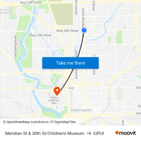 Meridian St & 30th St/Children's Museum to IUPUI map