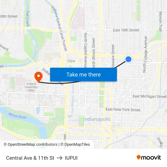 Central Ave & 11th St to IUPUI map