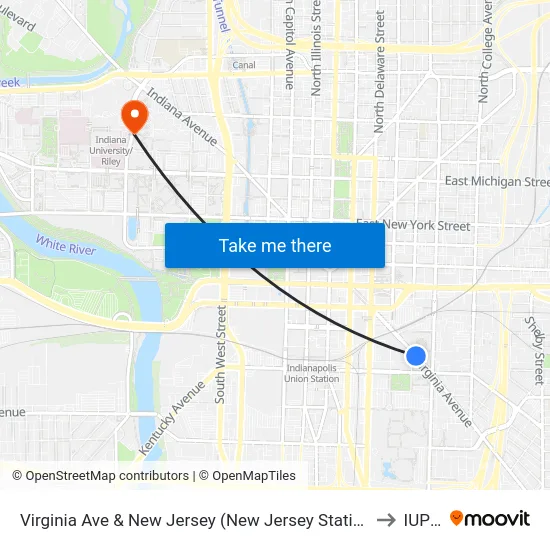 Virginia Ave & New Jersey (New Jersey Station Sb) to IUPUI map
