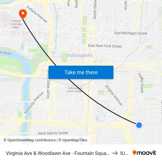Virginia Ave & Woodlawn Ave - Fountain Square Station Nb to IUPUI map