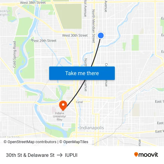30th St & Delaware St to IUPUI map