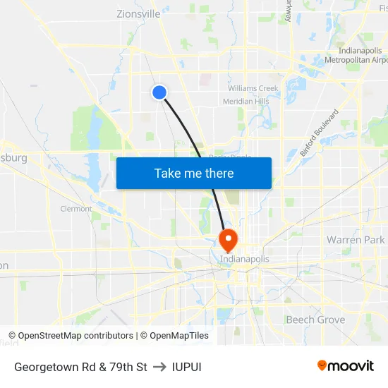 Georgetown Rd & 79th St to IUPUI map
