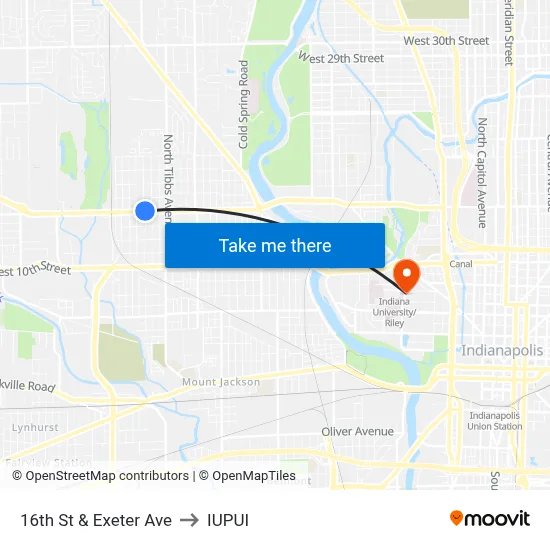 16th St & Exeter Ave to IUPUI map