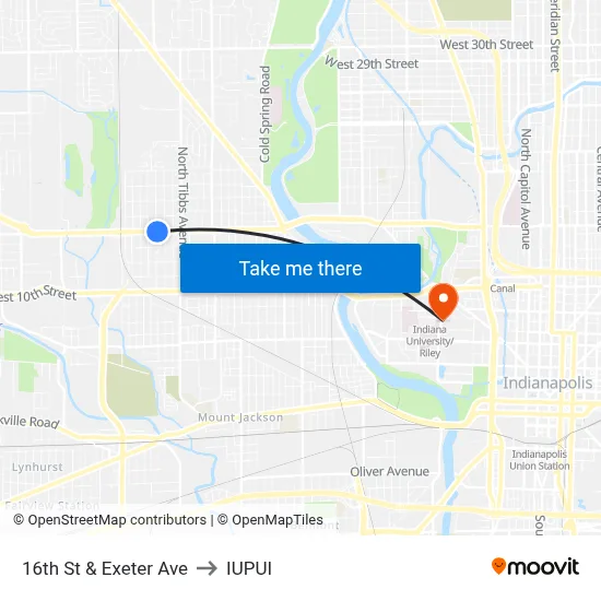 16th St & Exeter Ave to IUPUI map