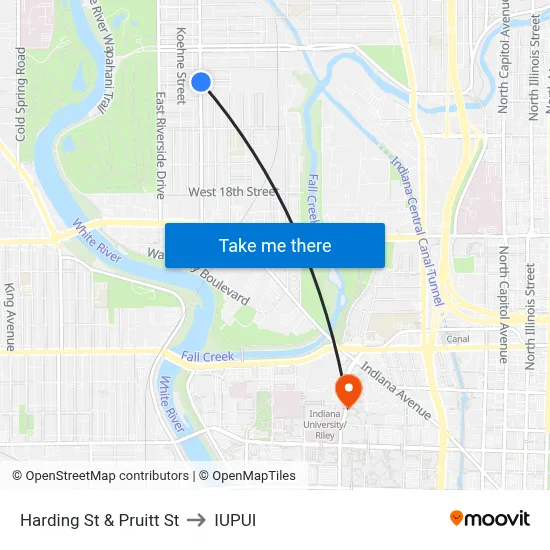 Harding St & Pruitt St to IUPUI map