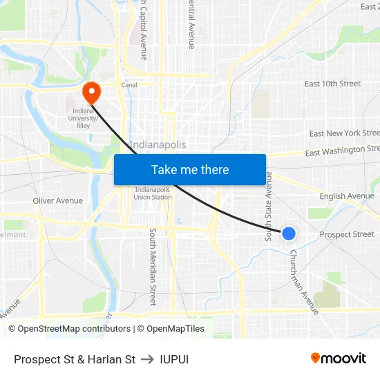 Prospect St & Harlan St to IUPUI map