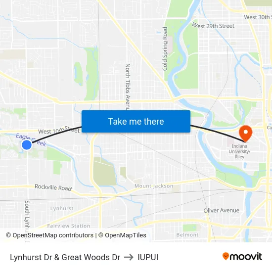 Lynhurst Dr & Great Woods Dr to IUPUI map