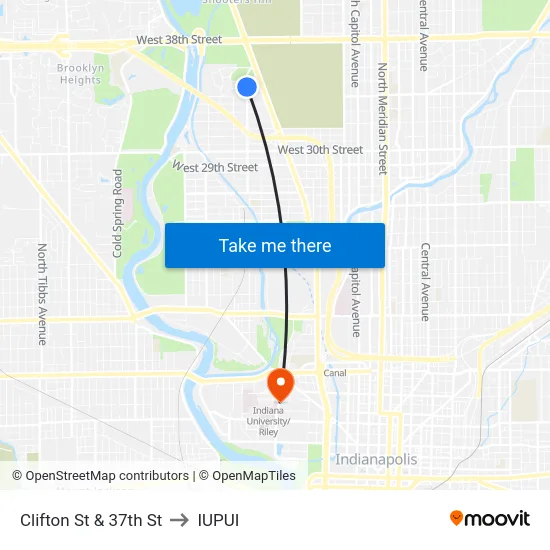 Clifton St & 37th St to IUPUI map
