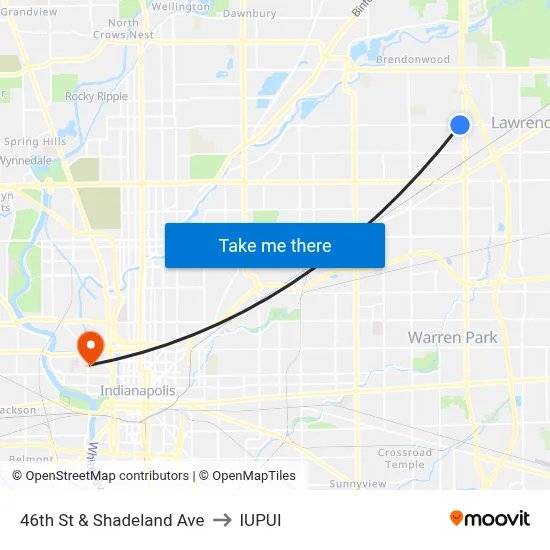46th St & Shadeland Ave to IUPUI map