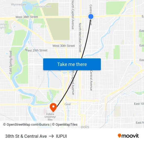 38th St & Central Ave to IUPUI map