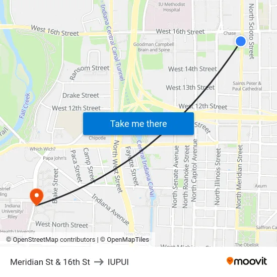 Meridian St & 16th St to IUPUI map