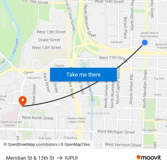 Meridian St & 13th St to IUPUI map