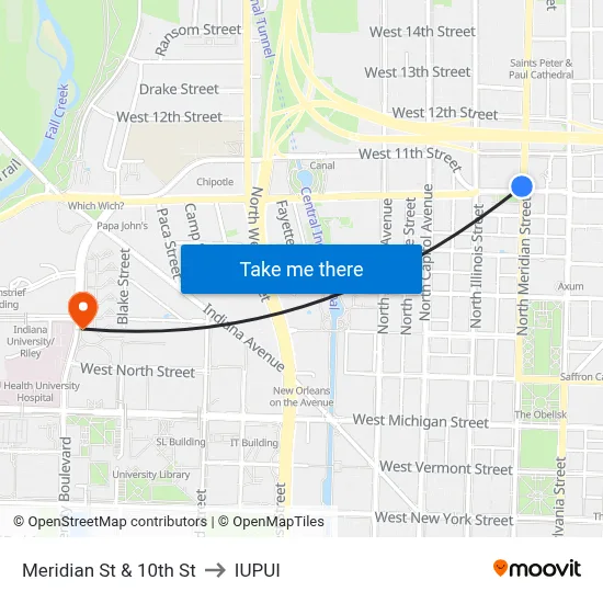 Meridian St & 10th St to IUPUI map