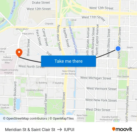 Meridian St & Saint Clair St to IUPUI map