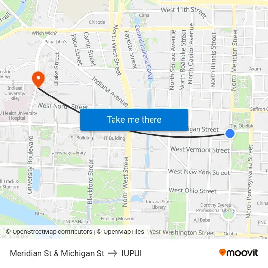 Meridian St & Michigan St to IUPUI map