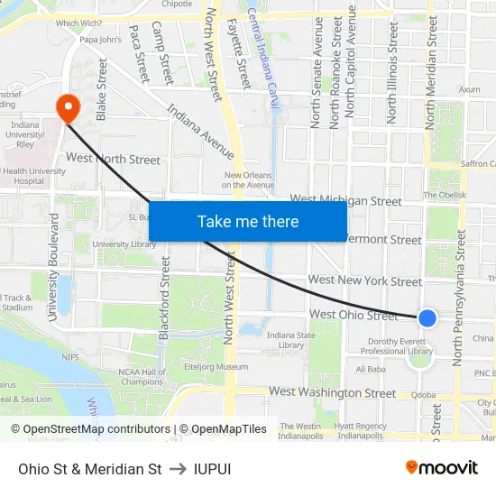 Ohio St & Meridian St to IUPUI map