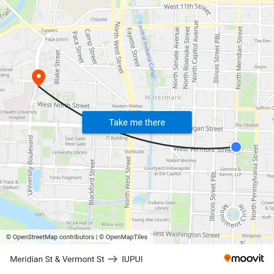 Meridian St & Vermont St to IUPUI map
