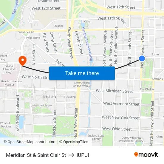 Meridian St & Saint Clair St to IUPUI map