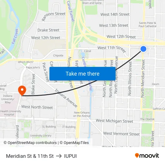 Meridian St & 11th St to IUPUI map