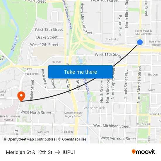 Meridian St & 12th St to IUPUI map