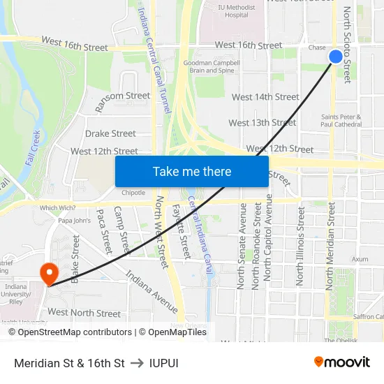 Meridian St & 16th St to IUPUI map