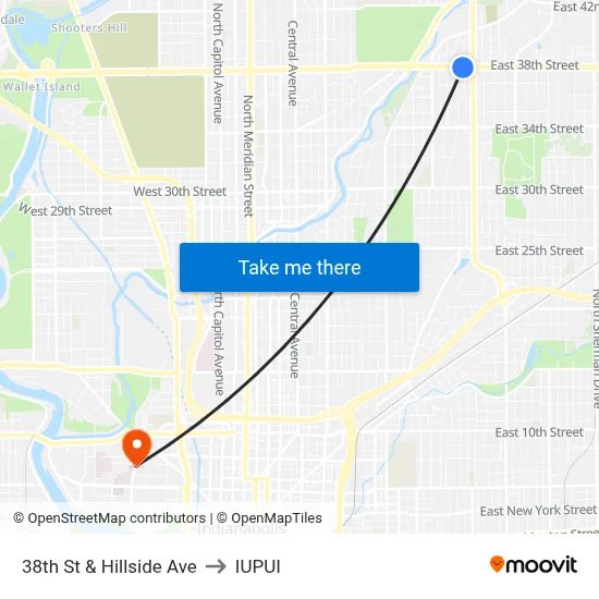 38th St & Hillside  Ave to IUPUI map