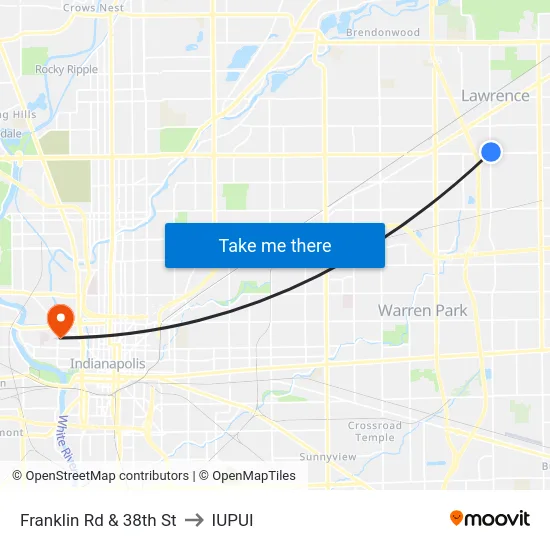 Franklin Rd & 38th St to IUPUI map