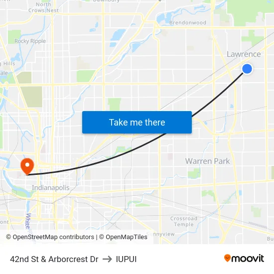 42nd St & Arborcrest Dr to IUPUI map