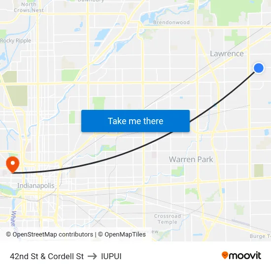 42nd St & Cordell St to IUPUI map